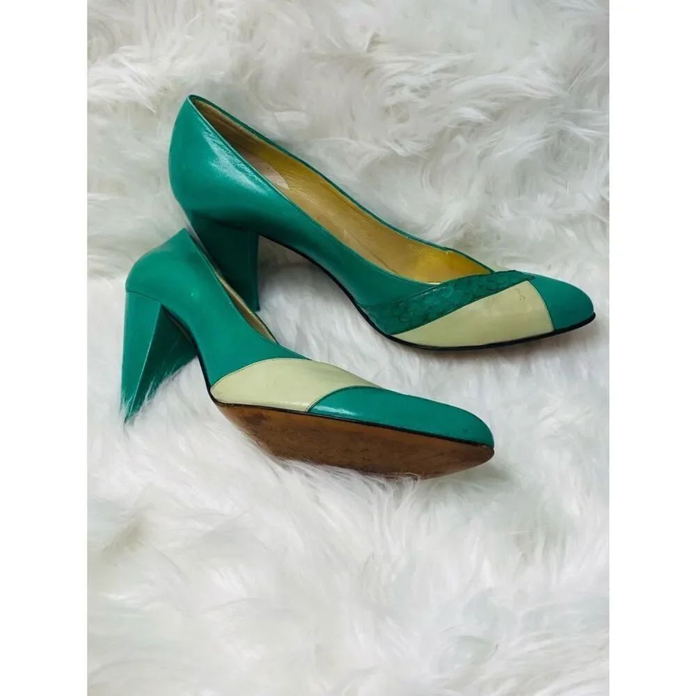 🛍️ Dior (from 1953-63) Authentic Emerald Green, Cream & Gold Color-block Pumps - Picture 6 of 16